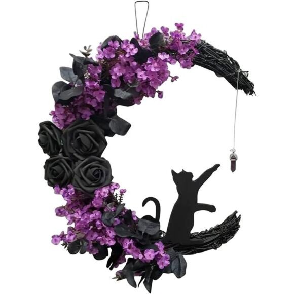 Halloween Wreath for Front Door Halloween Moon Wreath with Mini Black Cat - Picture 1 of 7